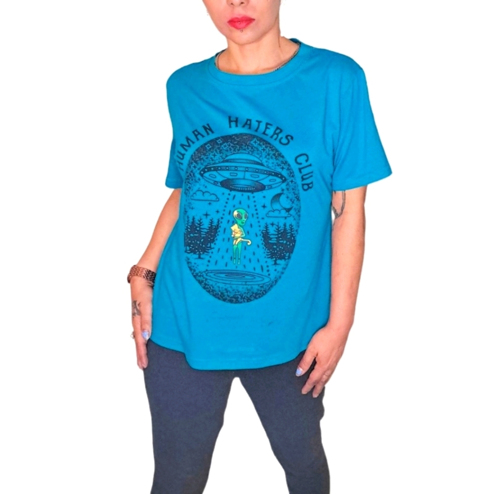 Shien alien human haters club graphic tee blue/green, size medium.